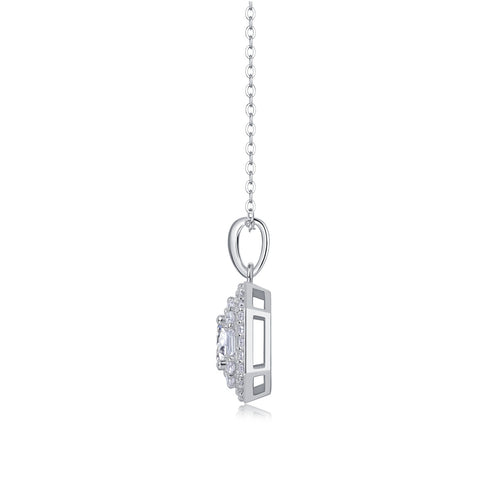 18K White Gold Shimmering Square-Set 1 Carat Round Diamond Pendant Necklace