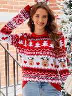 Christmas Reindeer Snowflake Pattern Round Neck Knitted Sweater