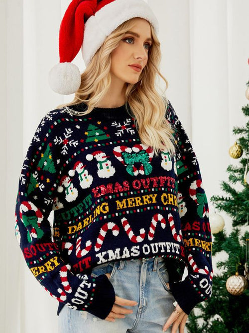 Christmas Snowman Candy Round-Neck Knitted Sweater