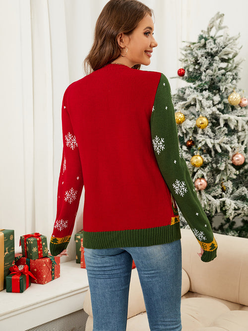 Christmas Color-Blocked Cartoon Pattern Cardigan Sweater