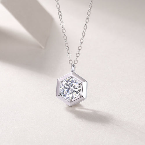 18K White Gold Shimmering 1-Carat Hexagonal Diamond Pendant Necklace