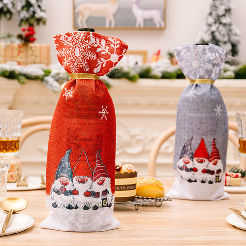 Christmas Three Forest Elves Linen Drawstring Wine Bottle Cover