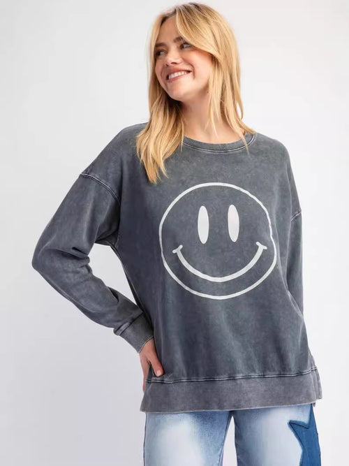 Cartoon Smiley Face Solid Color Round Neck Long Sleeve