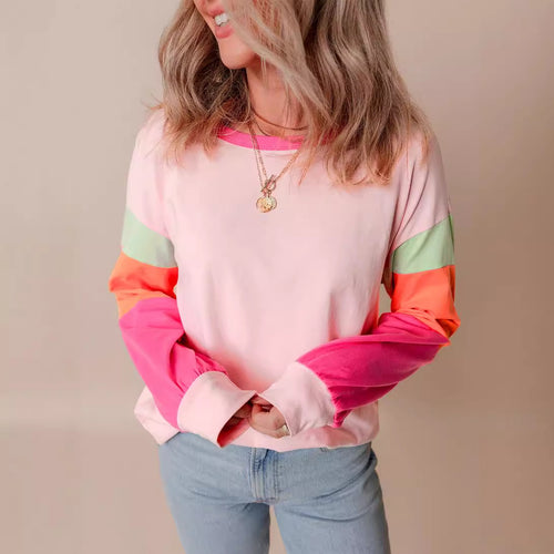 Women's Color-Blocked Round-Neck Long-Sleeved Top