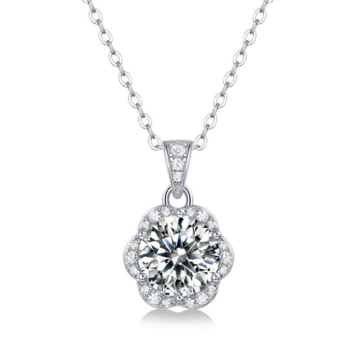 18K White Gold Shimmering Flower-Shaped 2 Carat Round Diamond Pendant Necklace