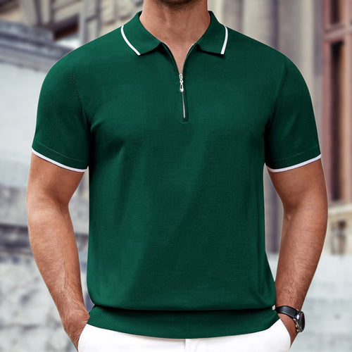 Men's Casual Business Solid Color Zip-Up Collar Knitted Polo Shirt