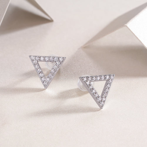 18K White Gold Triangular Design Stud Earrings with 36 Round Diamonds