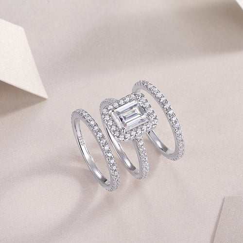 18K White Gold Triple-Stack 2 Carat Square Diamond Engagement Ring Set for Women