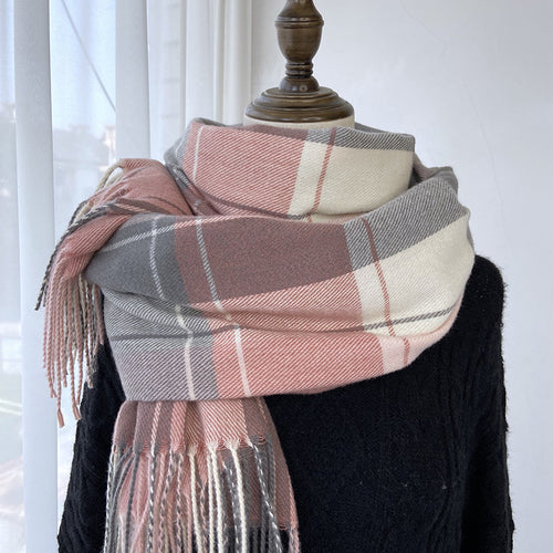 Winter Warm Contrast-Color Plaid Fringe Scarf Shawl