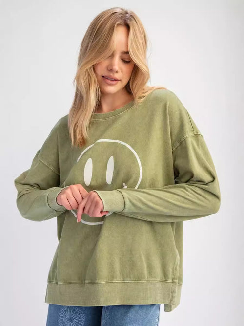 Cartoon Smiley Face Solid Color Round Neck Long Sleeve