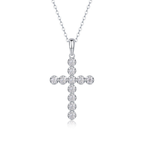 18K White Gold Shimmering Crucifix Pendant Necklace with 11 Round Diamonds for Women