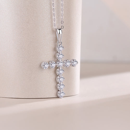 18K White Gold Shimmering Crucifix Pendant Necklace with 11 Round Diamonds for Women