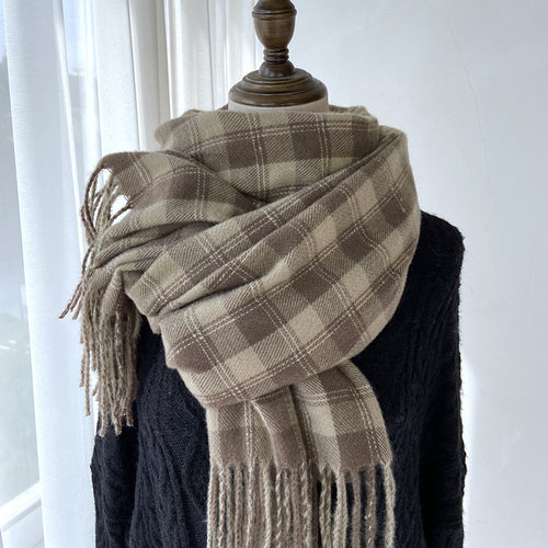 Winter Warm Contrast-Color Plaid Fringe Scarf Shawl