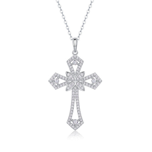 18K White Gold Shimmering Crucifix Pendant Necklace with 92 Round Diamonds for Women