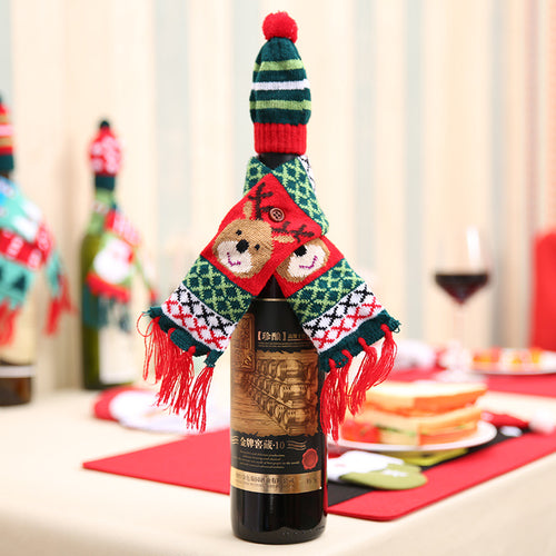 Santa Claus Reindeer & Christmas Tree Hat & Scarf Wine Bottle Cover