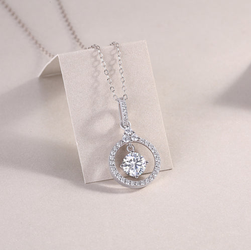 18K White Gold Shimmering Circular 1 Carat Round Diamond Pendant Necklace