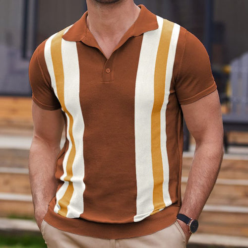 Men's Casual Business Striped Color-Blocked Knitted Polo Shirt