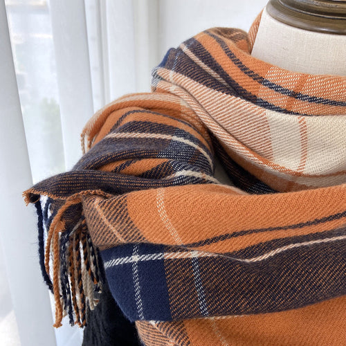 Winter Warm Contrast-Color Plaid Fringe Scarf Shawl