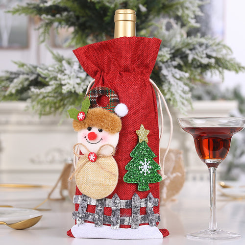 Christmas Reindeer & Snowman Linen Drawstring Wine Bottle Cover