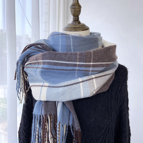 Winter Warm Contrast-Color Plaid Fringe Scarf Shawl