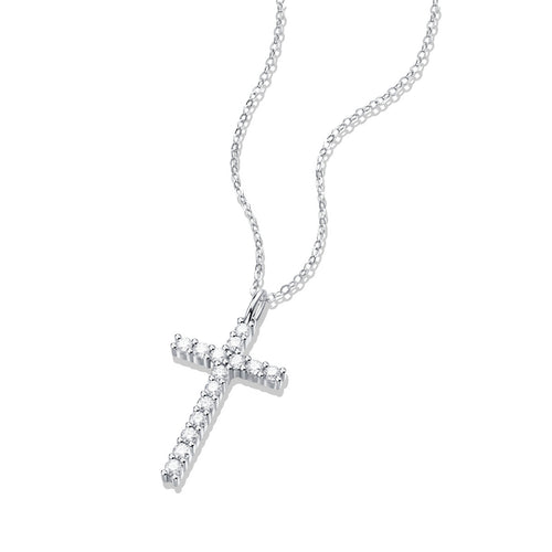 18K White Gold Shimmering Crucifix Pendant Necklace Embellished with 15 Round Diamonds