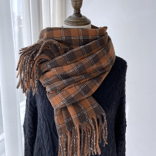 Winter Warm Contrast-Color Plaid Fringe Scarf Shawl