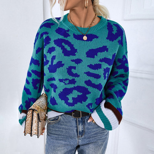 Leopard Print Jacquard Round Neck Knitted Sweater