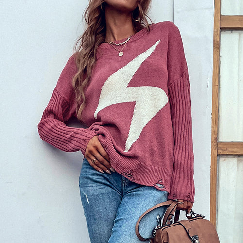 Lightning Pattern Round Neck Knitted Sweater