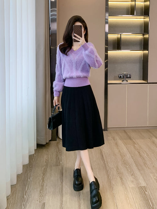 Purple V-Neck Sweater Knitted Dress Two-Piece Set