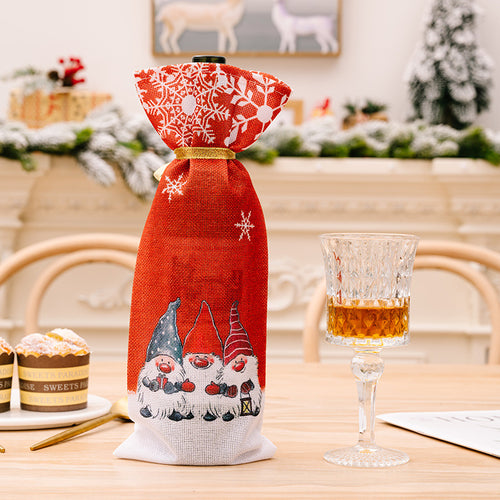 Christmas Three Forest Elves Linen Drawstring Wine Bottle Cover