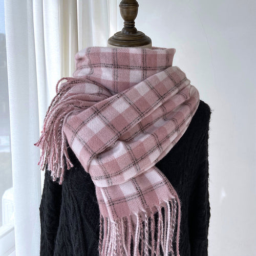 Winter Warm Contrast-Color Plaid Fringe Scarf Shawl