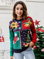 Christmas Patchwork Cartoon Pattern Knitted Sweater