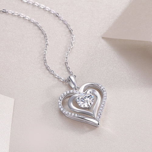 18K White Gold Double-Ring Heart Pendant Necklace with 1 Carat Round Diamond