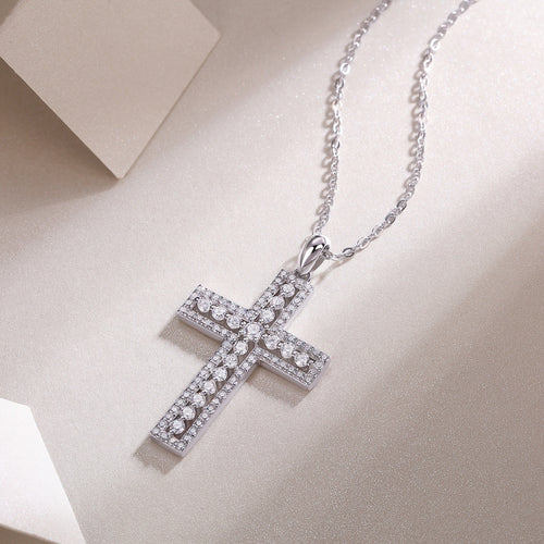 18K White Gold Shimmering Crucifix Pendant Necklace with 91 Round Diamonds for Women