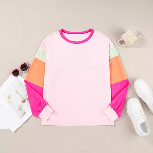 Women's Color-Blocked Round-Neck Long-Sleeved Top