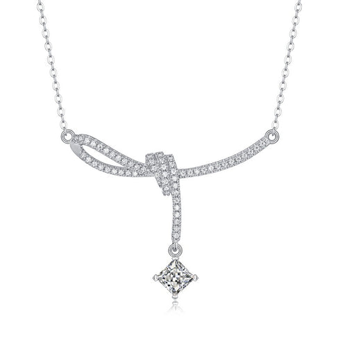 18K White Gold Twisted Knot Pendant Necklace with a 1 Carat Rhombus Diamond