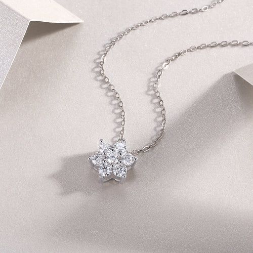 18K White Gold Floral Pendant Necklace with Seven 0.1 Carat Diamonds for Women