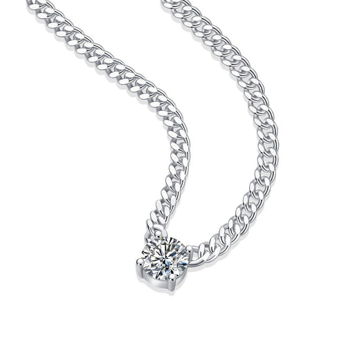 18K White Gold Cuban Link Chain with Four-Prong Round Diamonds for Women