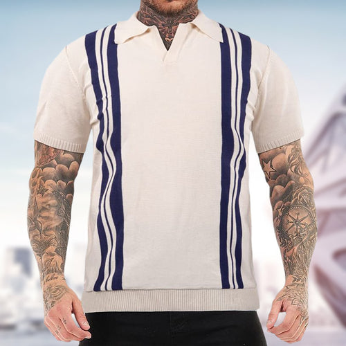 Men's Casual Blue and White Striped Contrast Color Knitted Polo Shirt