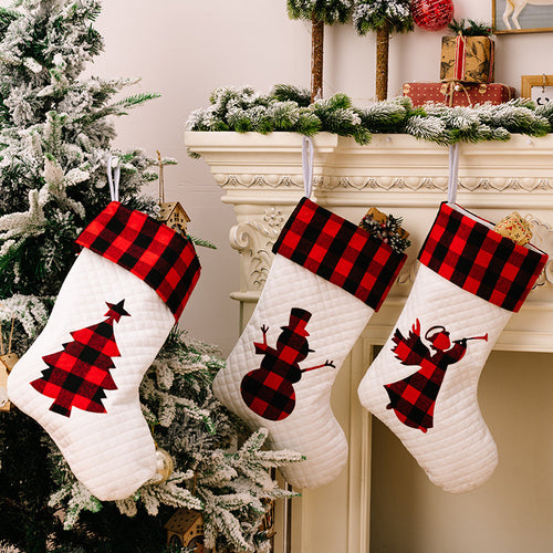 Christmas Red & Black Checkered Cartoon Pattern White Gift Socks