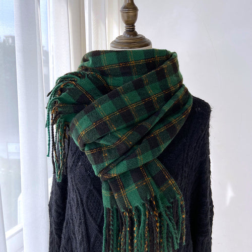 Winter Warm Contrast-Color Plaid Fringe Scarf Shawl