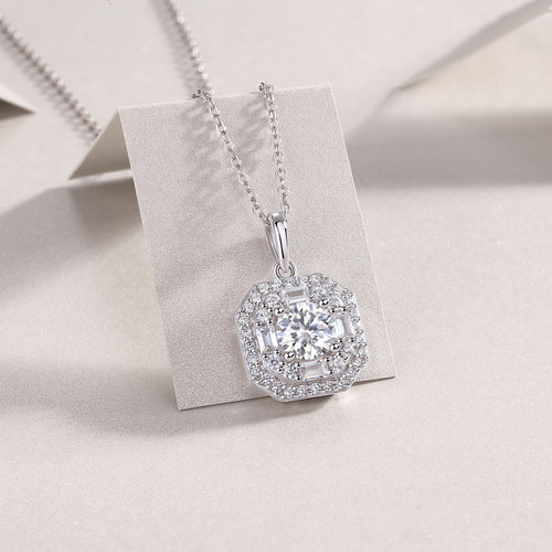 18K White Gold Shimmering Square-Set 1 Carat Round Diamond Pendant Necklace