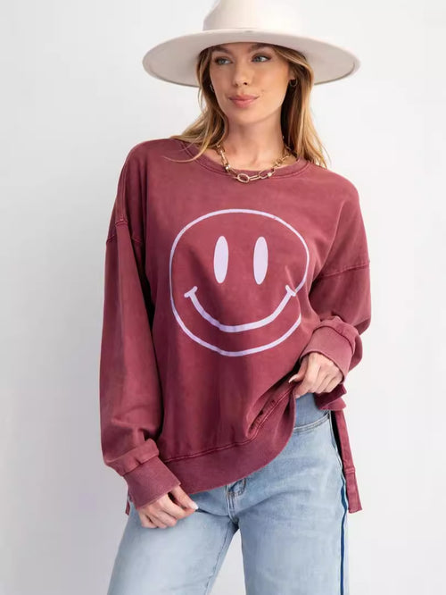 Cartoon Smiley Face Solid Color Round Neck Long Sleeve