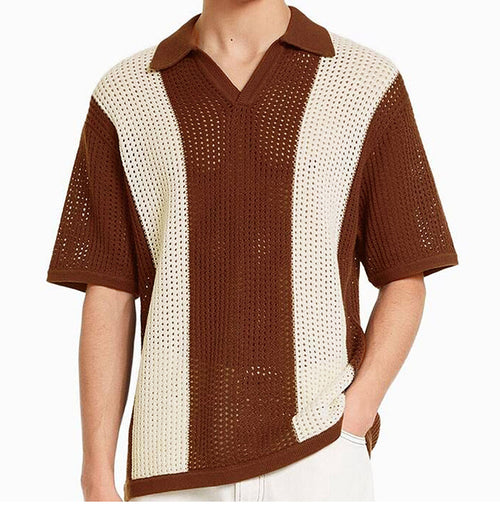 Men's Casual Hollow-Out Color Block Knitted Polo Shirt