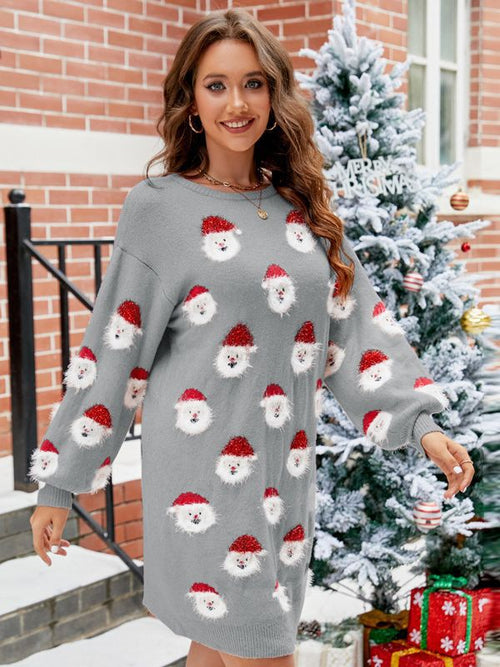 Santa Claus Pattern Crew Neck Knitted Sweater Dress