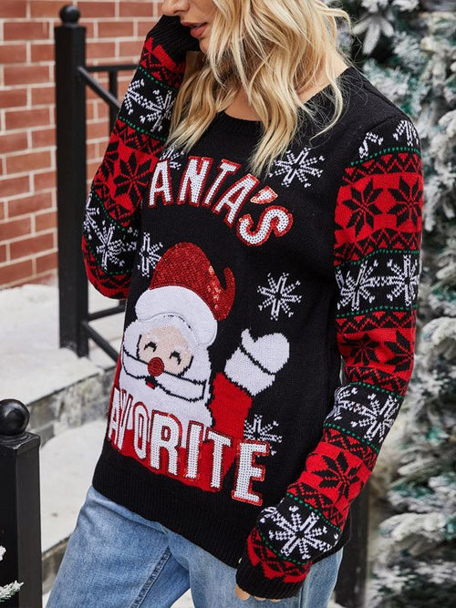 Cute Santa Claus Pattern Round-Neck Knitted Sweater