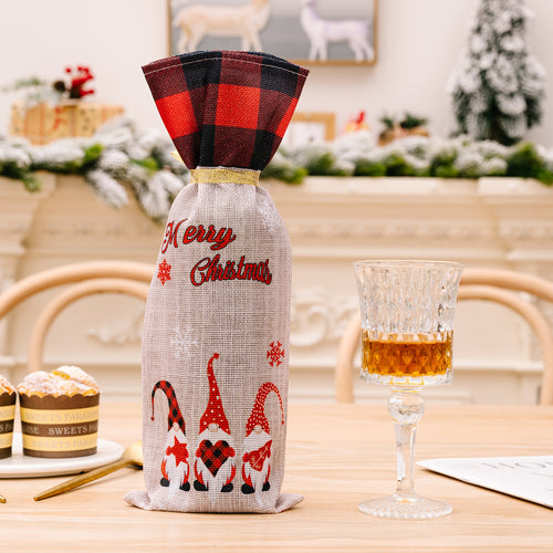 Christmas Forest Elf Checkered Edge Drawstring Wine Bottle Cover