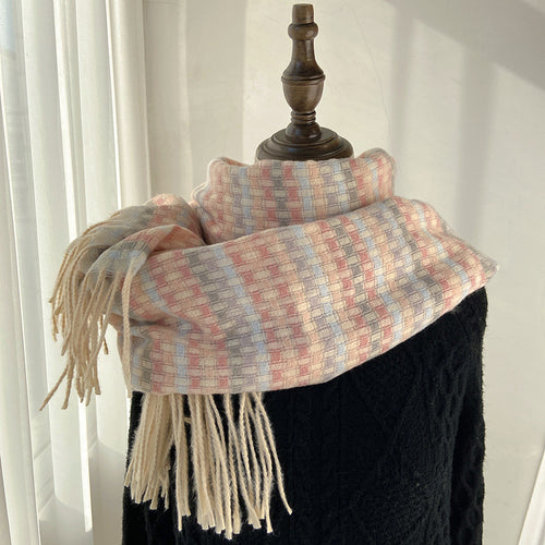 Women's Winter Warm Colorful Checked Fringe Scarf Shawl