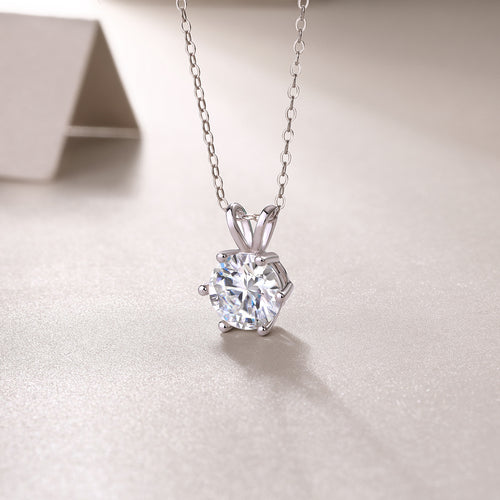 18K White Gold Six-Prong 2 Carat Round Diamond Pendant Necklace for Women