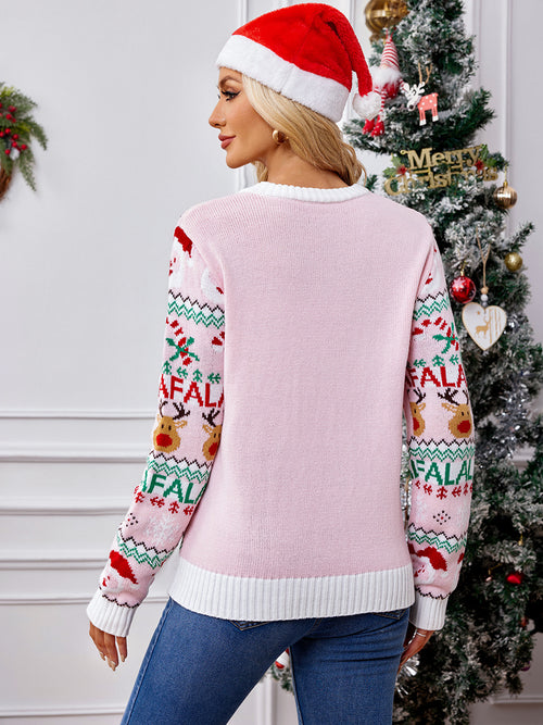 Santa Claus Reindeer Pattern Pink Knitted Sweater